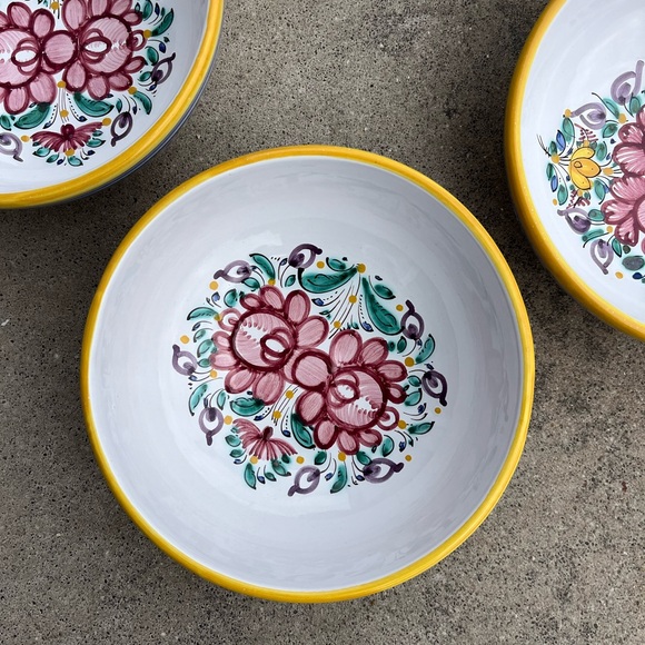 5 Vintage Hand-Painted Ceramic Pottery Bowls Italian Modra Floral Folk Art